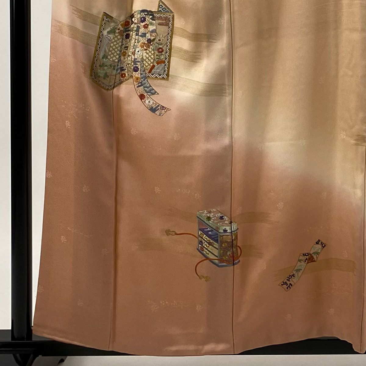 付下 身長157.5cm 袖長63.5cm S 雙層 衝立 松樹竹子梅花 金糸 刺繡 淺橙 純蠶絲 優品級