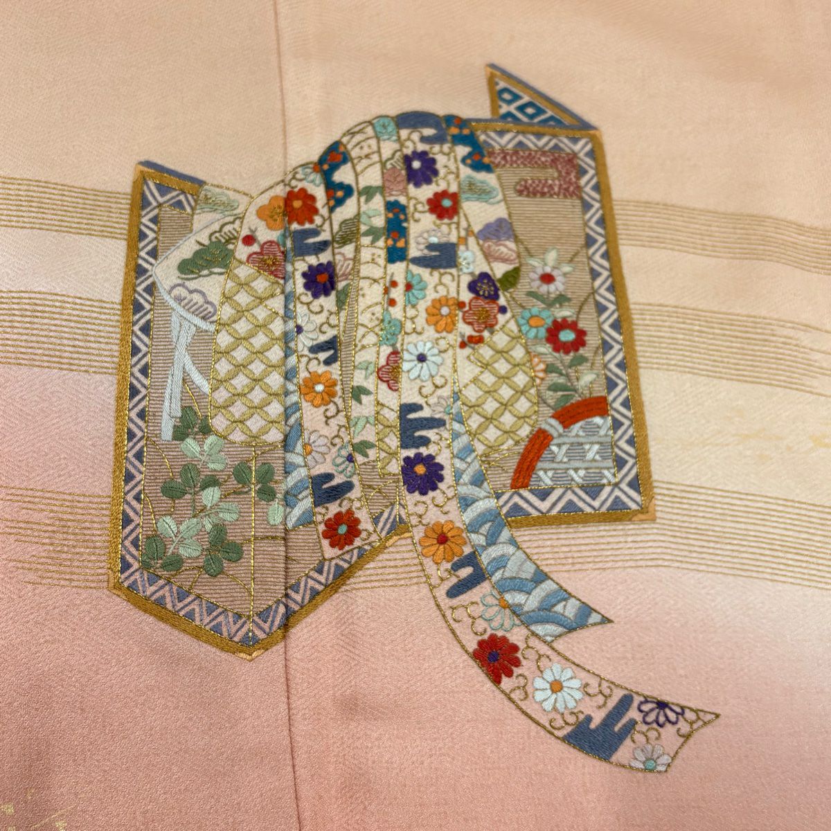 付下 身長157.5cm 袖長63.5cm S 雙層 衝立 松樹竹子梅花 金糸 刺繡 淺橙 純蠶絲 優品級