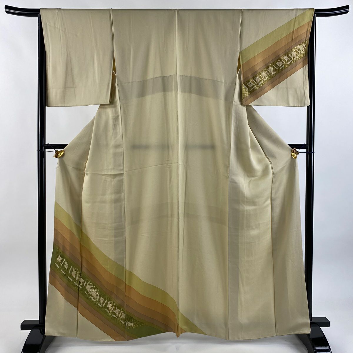 付下 身長162.5cm 袖長65.5cm M 雙層 斜條 幾何圖案 金彩裝飾 刺繡 米色 純蠶絲 優品級