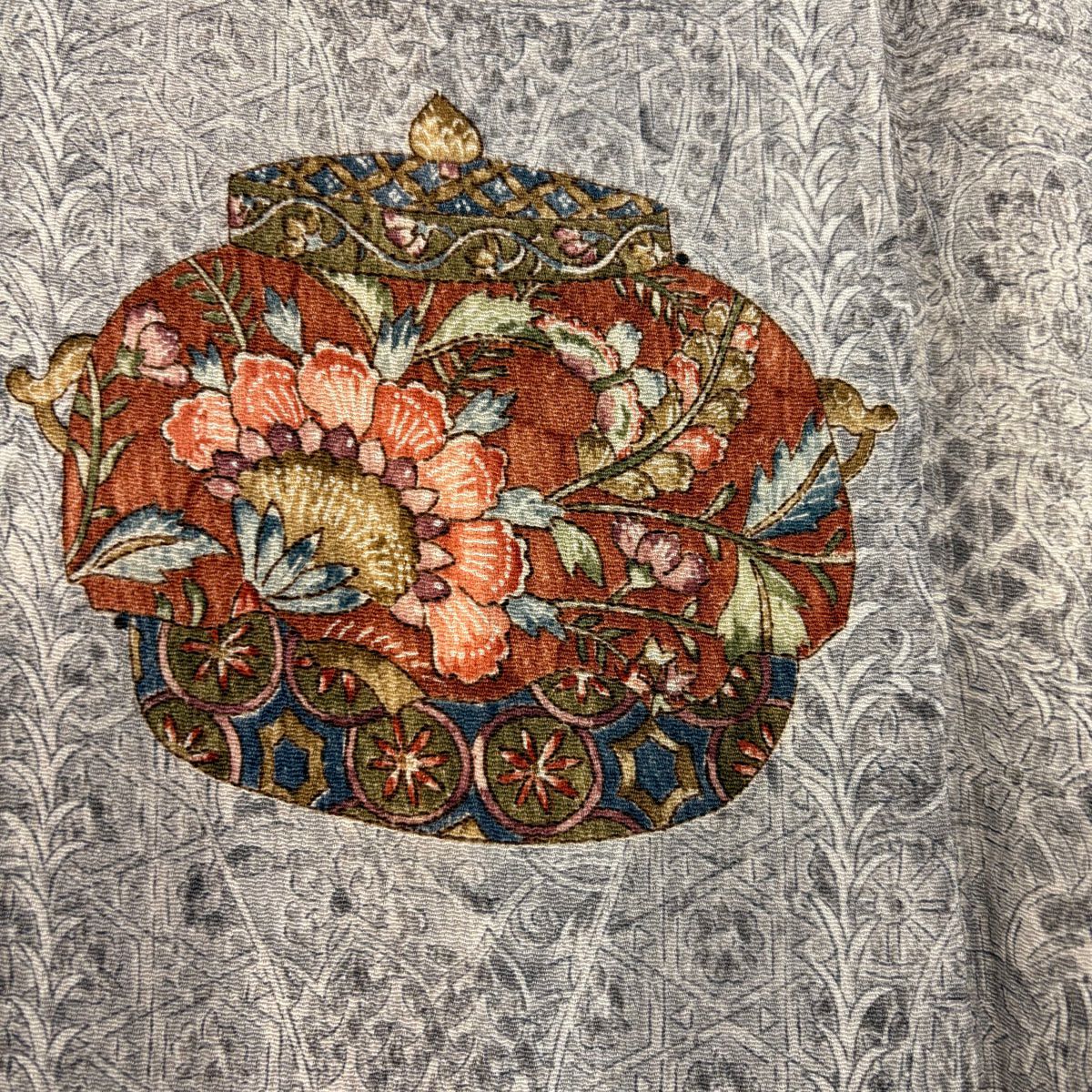 付下 身長161.5cm 袖長63cm S 雙層 二代目 更甚 落款あり 器物紋 草花紋紋 絞織 灰色 純蠶絲 秀品級
