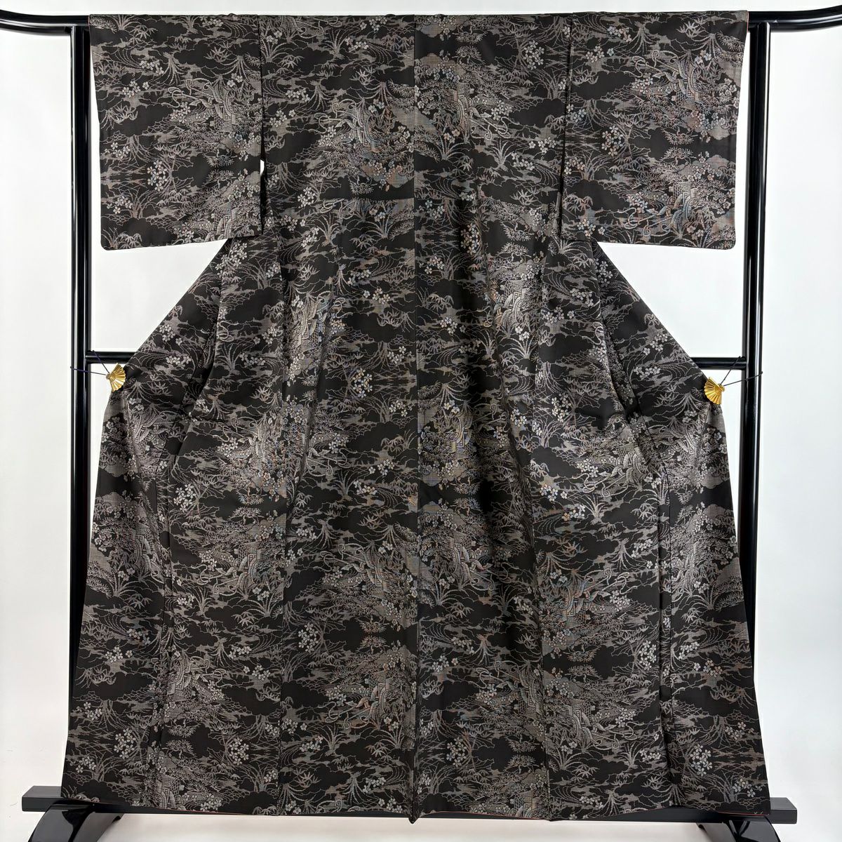 【美品】 紬織 身長160.5cm 袖長63cm S 雙層 御所車 梅花 墨 黑 純蠶絲 秀品級