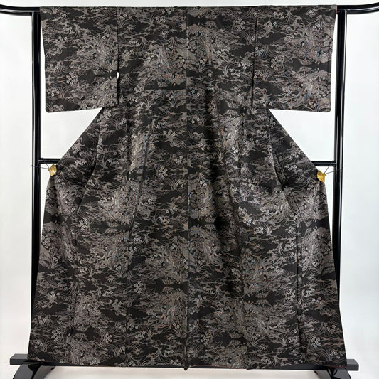【美品】 紬織 身長160.5cm 袖長63cm S 雙層 御所車 梅花 墨 黑 純蠶絲 秀品級
