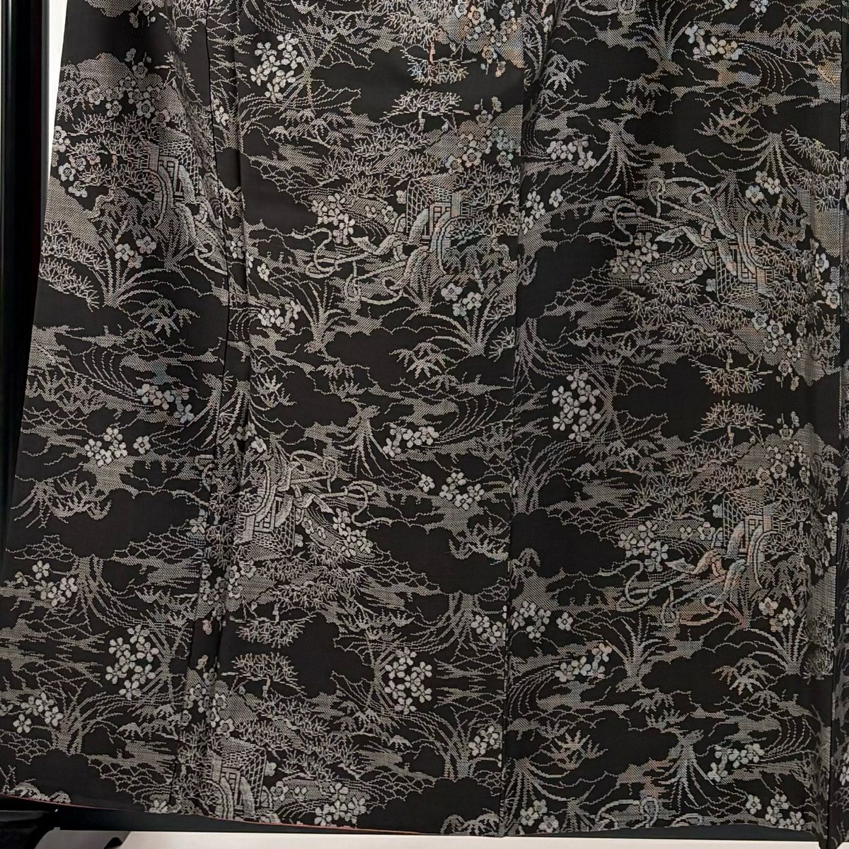 【美品】 紬織 身長160.5cm 袖長63cm S 雙層 御所車 梅花 墨 黑 純蠶絲 秀品級