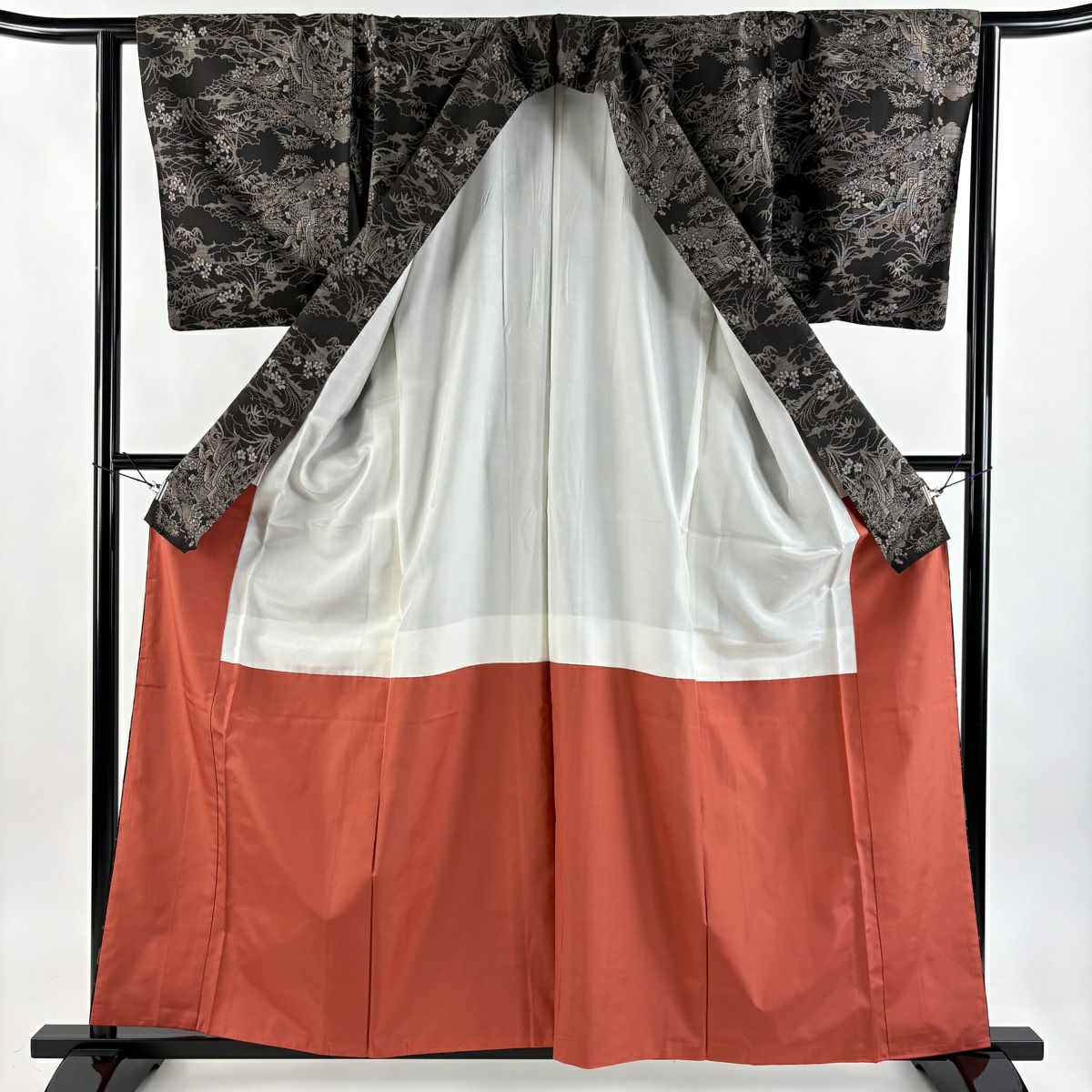 【美品】 紬織 身長160.5cm 袖長63cm S 雙層 御所車 梅花 墨 黑 純蠶絲 秀品級