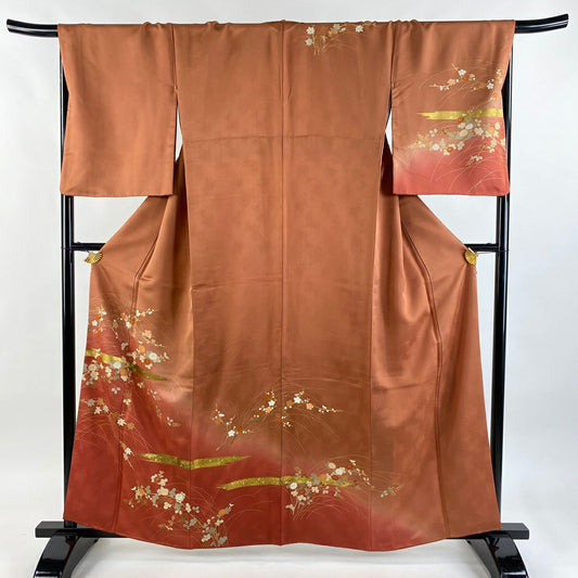 訪問服 身長161cm 袖長68cm L 雙層 秋草 霞 金銀彩 漸層 紅茶 純蠶絲 優品級