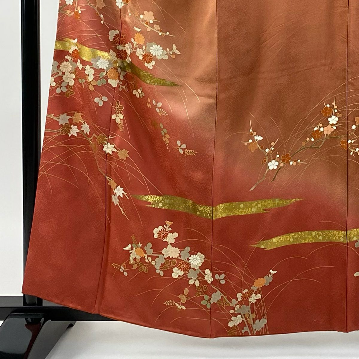 訪問服 身長161cm 袖長68cm L 雙層 秋草 霞 金銀彩 漸層 紅茶 純蠶絲 優品級