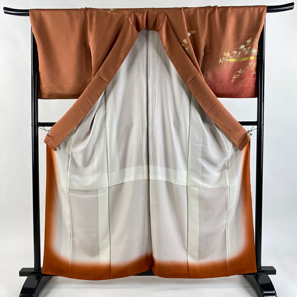 訪問服 身長161cm 袖長68cm L 雙層 秋草 霞 金銀彩 漸層 紅茶 純蠶絲 優品級
