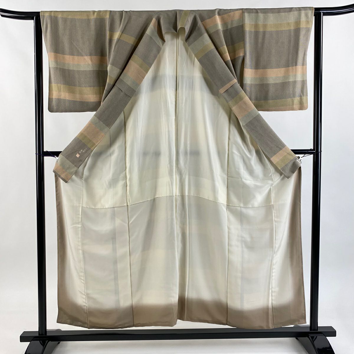 江戶小紋 身長153cm 袖長63cm S 雙層 落款 鮫 角通し 灰茶 純蠶絲 秀品級