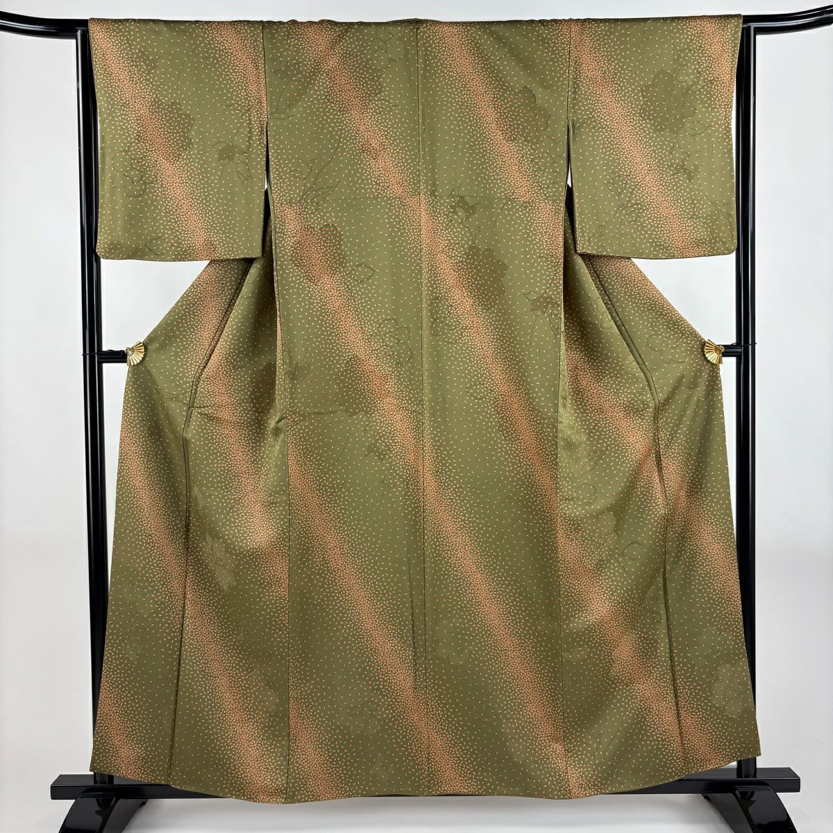 小紋 身長158.5cm 袖長64.5cm M 雙層 花 葉紋 茶綠 純蠶絲 秀品級