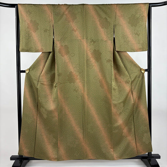 小紋 身長158.5cm 袖長64.5cm M 雙層 花 葉紋 茶綠 純蠶絲 秀品級