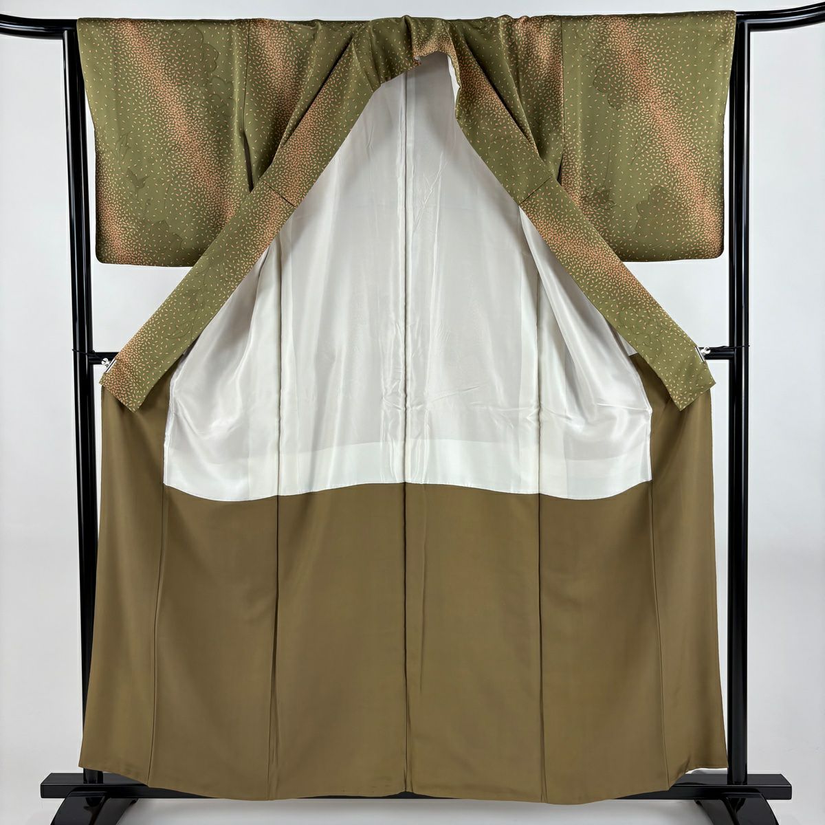 小紋 身長158.5cm 袖長64.5cm M 雙層 花 葉紋 茶綠 純蠶絲 秀品級