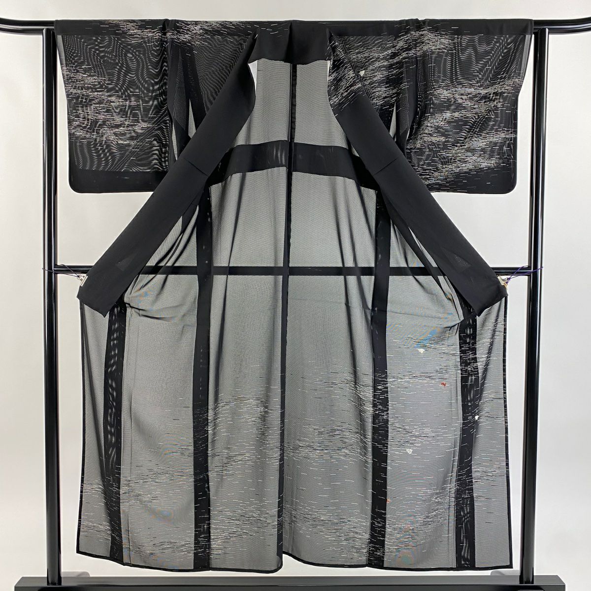 訪問服 身長154.5cm 袖長63cm S 薄物 絽 千鳥 霞 銀糸 刺繡 黑 純蠶絲 名品級 一つ紋