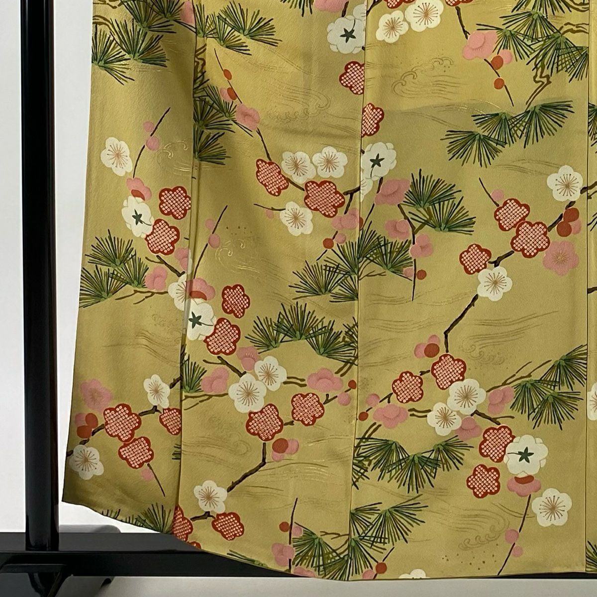小紋 身長158.5cm 袖長64cm M 雙層 花井幸子 有落款 松樹梅花 波頭 金銀彩 芥末色 純蠶絲 名品級
