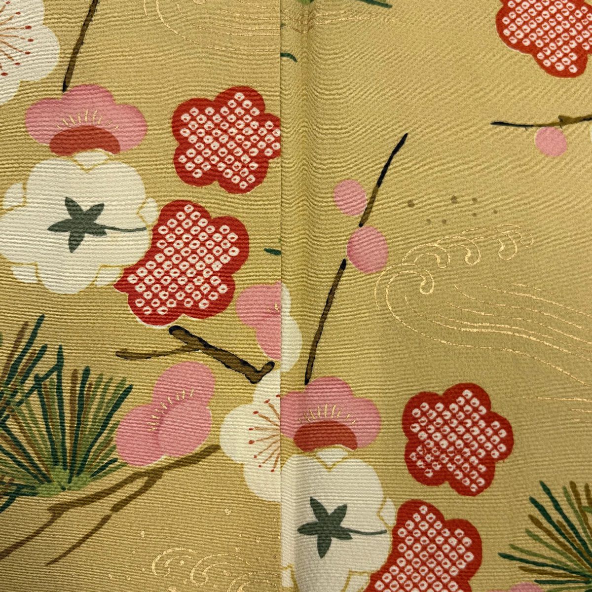 小紋 身長158.5cm 袖長64cm M 雙層 花井幸子 有落款 松樹梅花 波頭 金銀彩 芥末色 純蠶絲 名品級