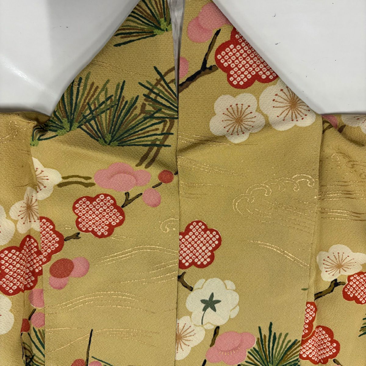 小紋 身長158.5cm 袖長64cm M 雙層 花井幸子 有落款 松樹梅花 波頭 金銀彩 芥末色 純蠶絲 名品級