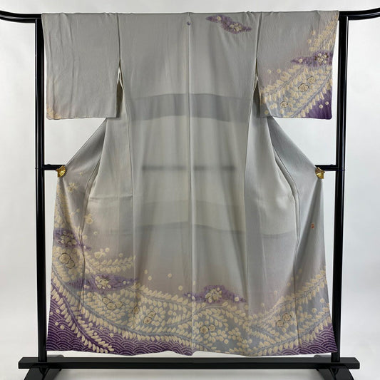 【庫存清倉】訪問服 身長153.5cm 袖長63cm S 雙層 滝泰 有落款 辻花染 金銀彩 漸層 灰色 純蠶絲 名品級 一つ紋