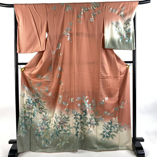 訪問服 身長170cm 袖長68cm L 雙層 藤本隆士 落款 草花紋紋 螺鈿 金銀彩 淺橙色 純蠶絲 逸品級