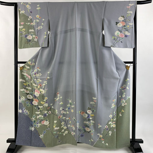 訪問服 身長162cm 袖長65cm M 雙層 落款 菊花 楓 青灰 純蠶絲 逸品級