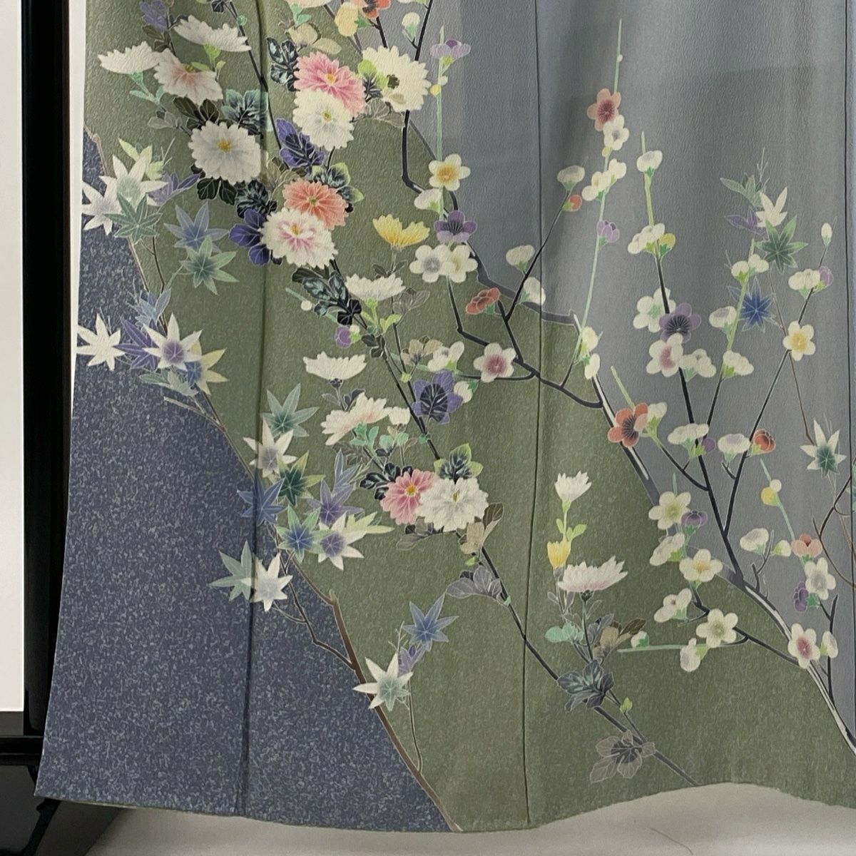 訪問服 身長162cm 袖長65cm M 雙層 落款 菊花 楓 青灰 純蠶絲 逸品級