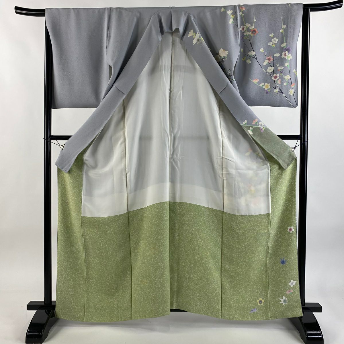 訪問服 身長162cm 袖長65cm M 雙層 落款 菊花 楓 青灰 純蠶絲 逸品級
