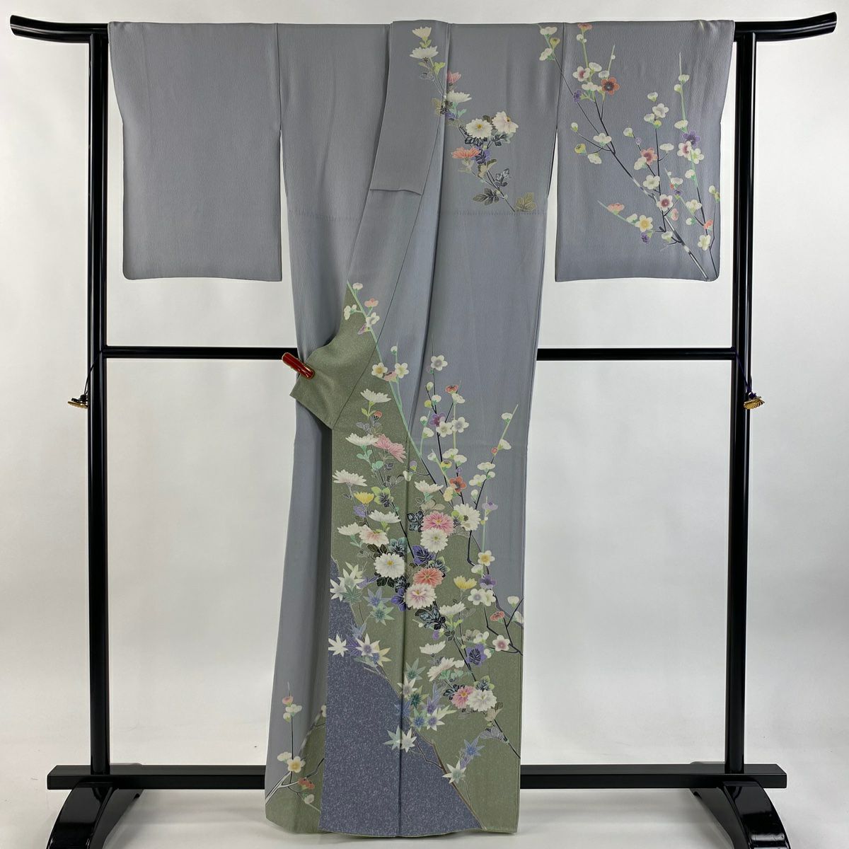 訪問服 身長162cm 袖長65cm M 雙層 落款 菊花 楓 青灰 純蠶絲 逸品級