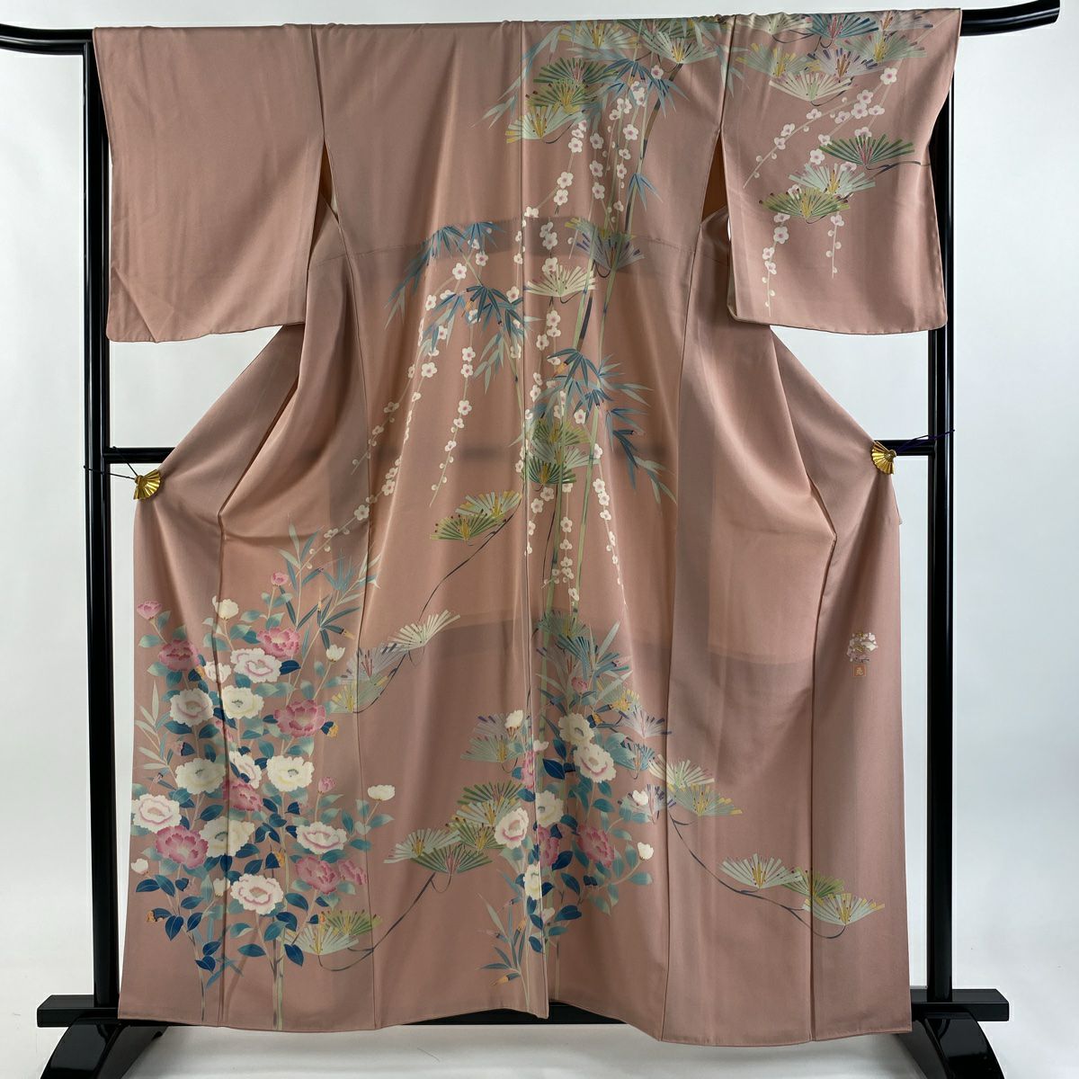 訪問服 身長160.5cm 袖長67cm M 雙層 落款あり 枝花 若松樹 粉紅 純蠶絲 逸品級