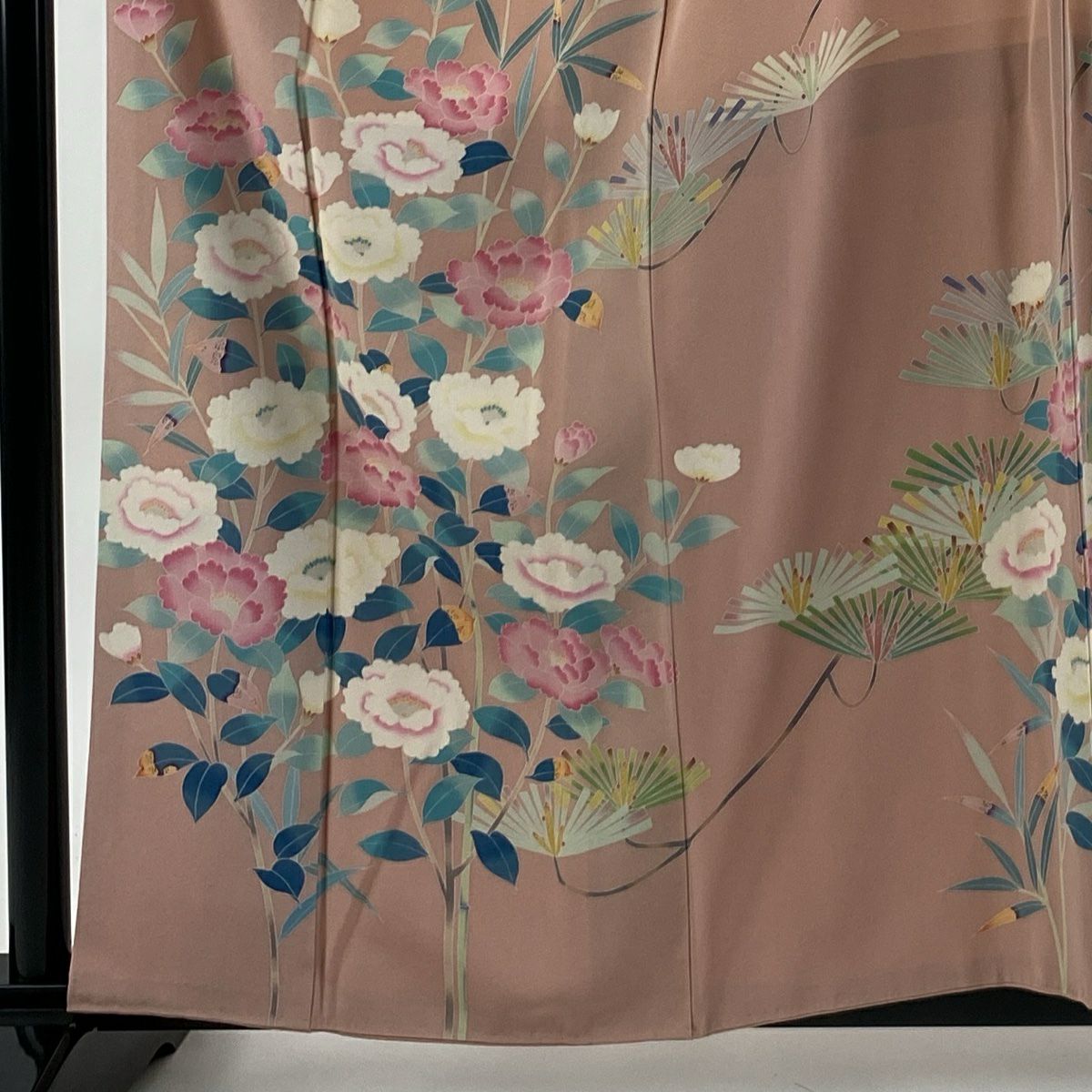 訪問服 身長160.5cm 袖長67cm M 雙層 落款あり 枝花 若松樹 粉紅 純蠶絲 逸品級