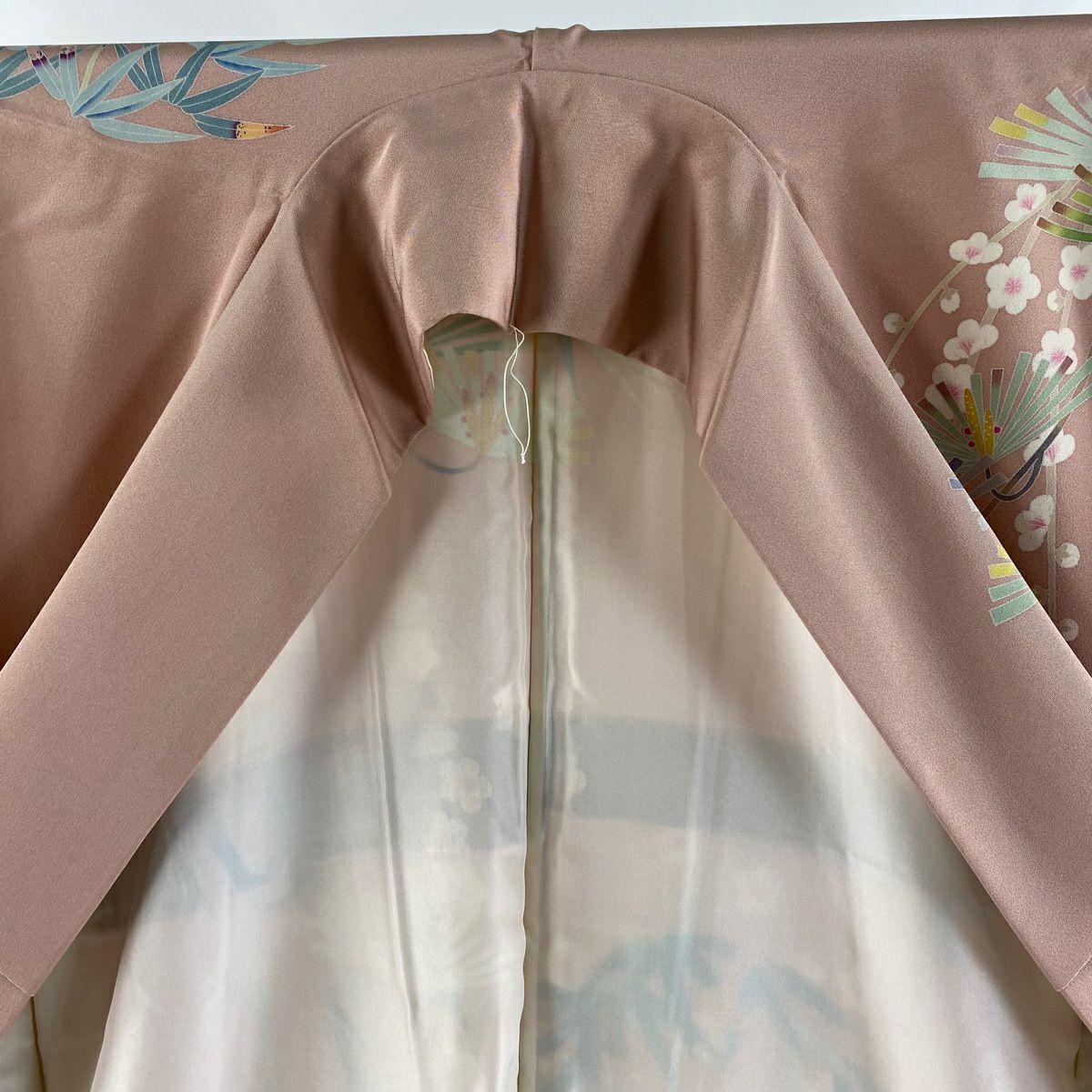 訪問服 身長160.5cm 袖長67cm M 雙層 落款あり 枝花 若松樹 粉紅 純蠶絲 逸品級