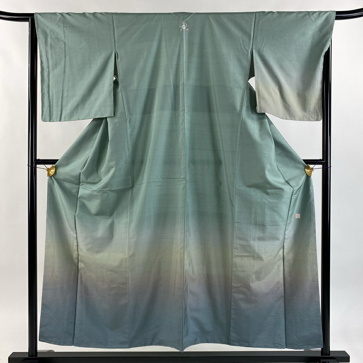 【美品】 付下 身長155cm 袖長65.5cm M 雙層 牛首紬織織 落款あり 證書あり 漸層圖案 淺綠 純蠶絲 逸品級 一個紋