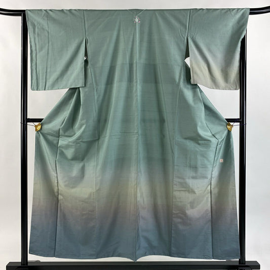 【美品】 付下 身長155cm 袖長65.5cm M 雙層 牛首紬織織 落款あり 證書あり 漸層圖案 淺綠 純蠶絲 逸品級 一個紋