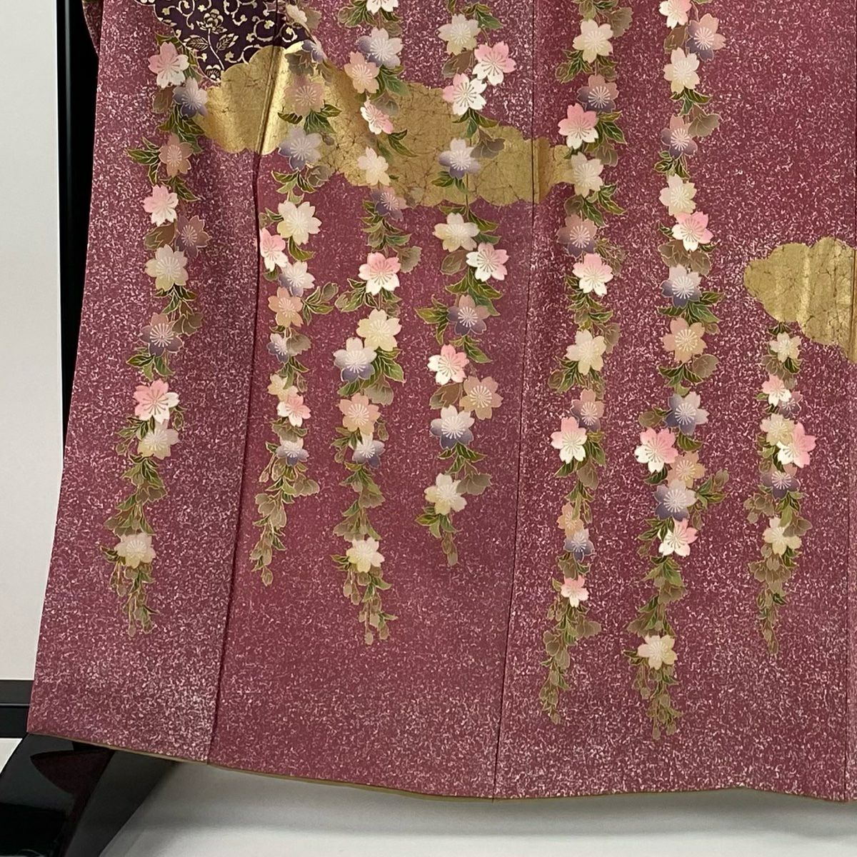振袖禮服 身長162.5cm 袖長67cm M 雙層 雲文 枝垂櫻 金銀彩 漸層 紅紫 純蠶絲 名品級