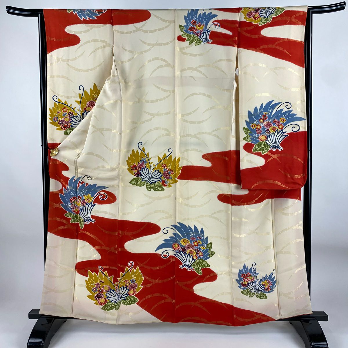 【美品】振袖禮服 身長161.5cm 袖長65cm M 雙層 蝶 雪芝 金通 金銀彩 漸層 奶油色 純蠶絲 名品級