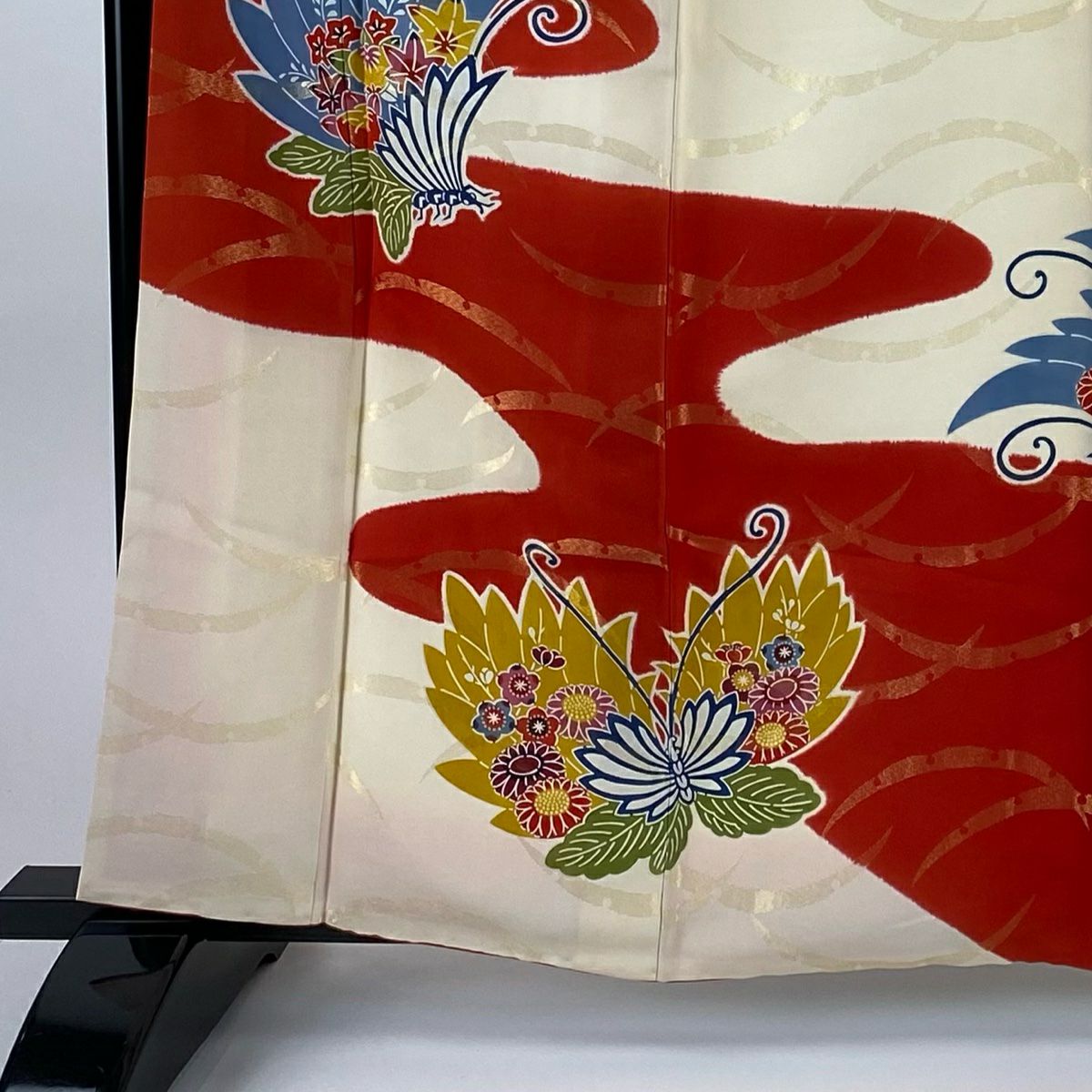 【美品】振袖禮服 身長161.5cm 袖長65cm M 雙層 蝶 雪芝 金通 金銀彩 漸層 奶油色 純蠶絲 名品級