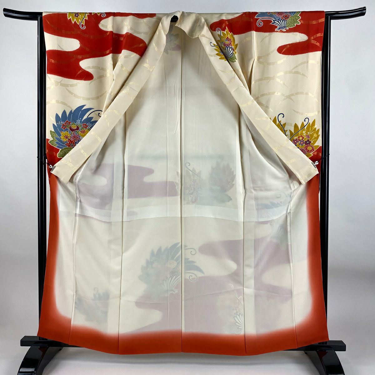 【美品】振袖禮服 身長161.5cm 袖長65cm M 雙層 蝶 雪芝 金通 金銀彩 漸層 奶油色 純蠶絲 名品級