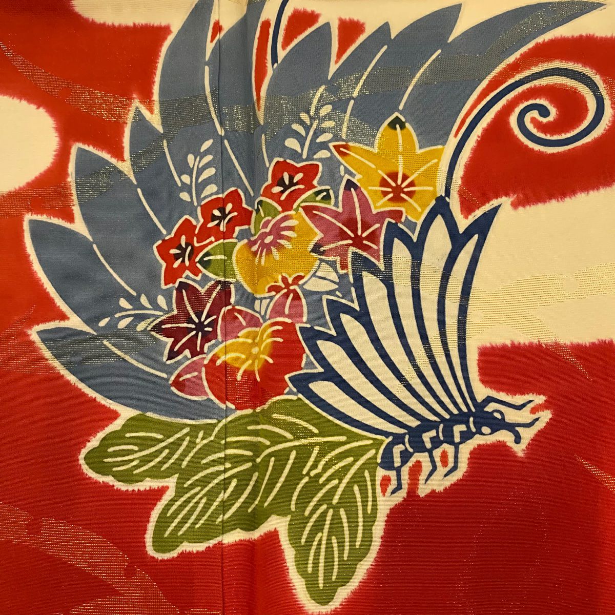 【美品】振袖禮服 身長161.5cm 袖長65cm M 雙層 蝶 雪芝 金通 金銀彩 漸層 奶油色 純蠶絲 名品級