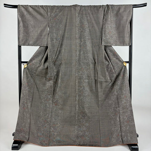 【美品】 紬織織 身長170.5cm 袖長69cm L 雙層 草花紋紋 焦茶 純蠶絲 名品級