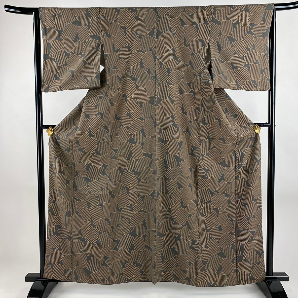 【美品】 小紋 身長160.5cm 袖長65cm M 雙層 色紙 縞 灰 純蠶絲 秀品級