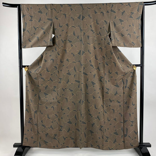 【美品】 小紋 身長160.5cm 袖長65cm M 雙層 色紙 縞 灰 純蠶絲 秀品級