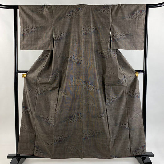 【美品】 紬織 身長161cm 袖長63.5cm S 雙層 草花紋紋 焦茶 純蠶絲 秀品級