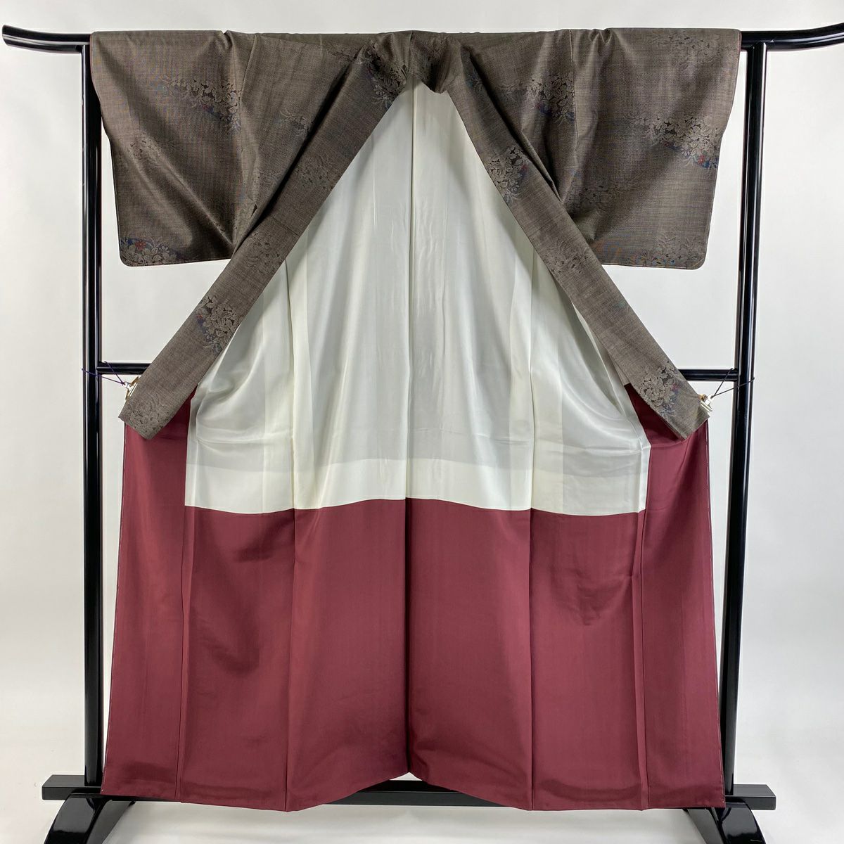 【美品】 紬織 身長161cm 袖長63.5cm S 雙層 草花紋紋 焦茶 純蠶絲 秀品級