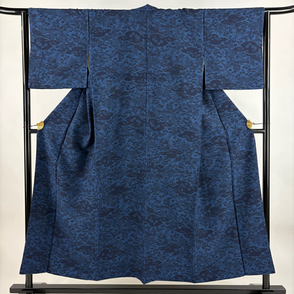 小紋 身長150.5cm 袖長63.5cm S 雙層 雲文 菊花 深藍 純蠶絲 秀品級