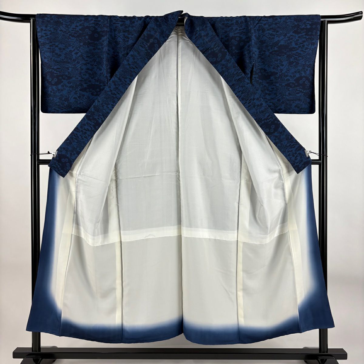 小紋 身長150.5cm 袖長63.5cm S 雙層 雲文 菊花 深藍 純蠶絲 秀品級