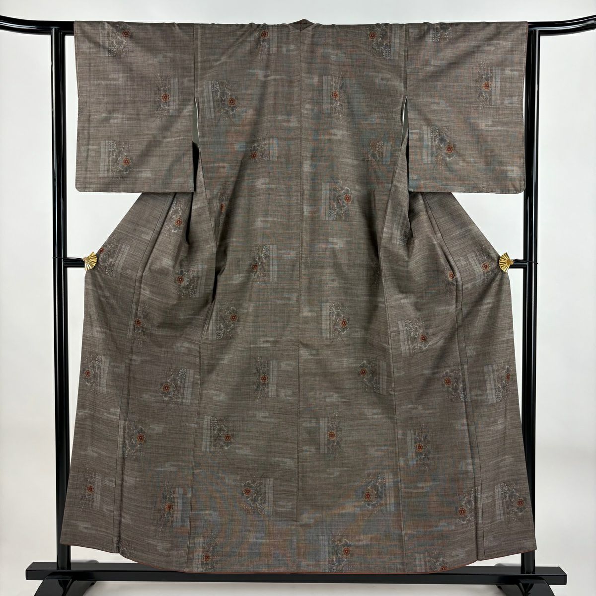 【美品】 紬織 身長157cm 袖長63cm S 雙層 巴衿 草花紋紋 霞 茶 純蠶絲 秀品級