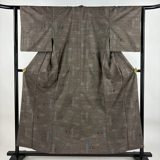 【美品】 紬織 身長157cm 袖長63cm S 雙層 巴衿 草花紋紋 霞 茶 純蠶絲 秀品級