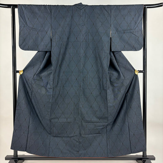 紬織 身長157.5cm 袖長63cm S 雙層 菱紋 縞紋 深藍 純蠶絲 秀品級