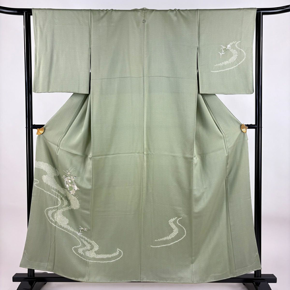 付下 身長156cm 袖長64cm M 雙層 鏡裏文 流水刺繡 絞染 淺綠 純蠶絲 秀品級 一個紋