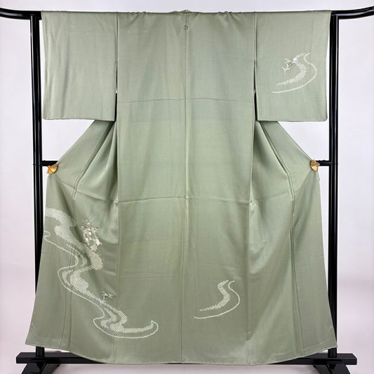 付下 身長156cm 袖長64cm M 雙層 鏡裏文 流水刺繡 絞染 淺綠 純蠶絲 秀品級 一個紋