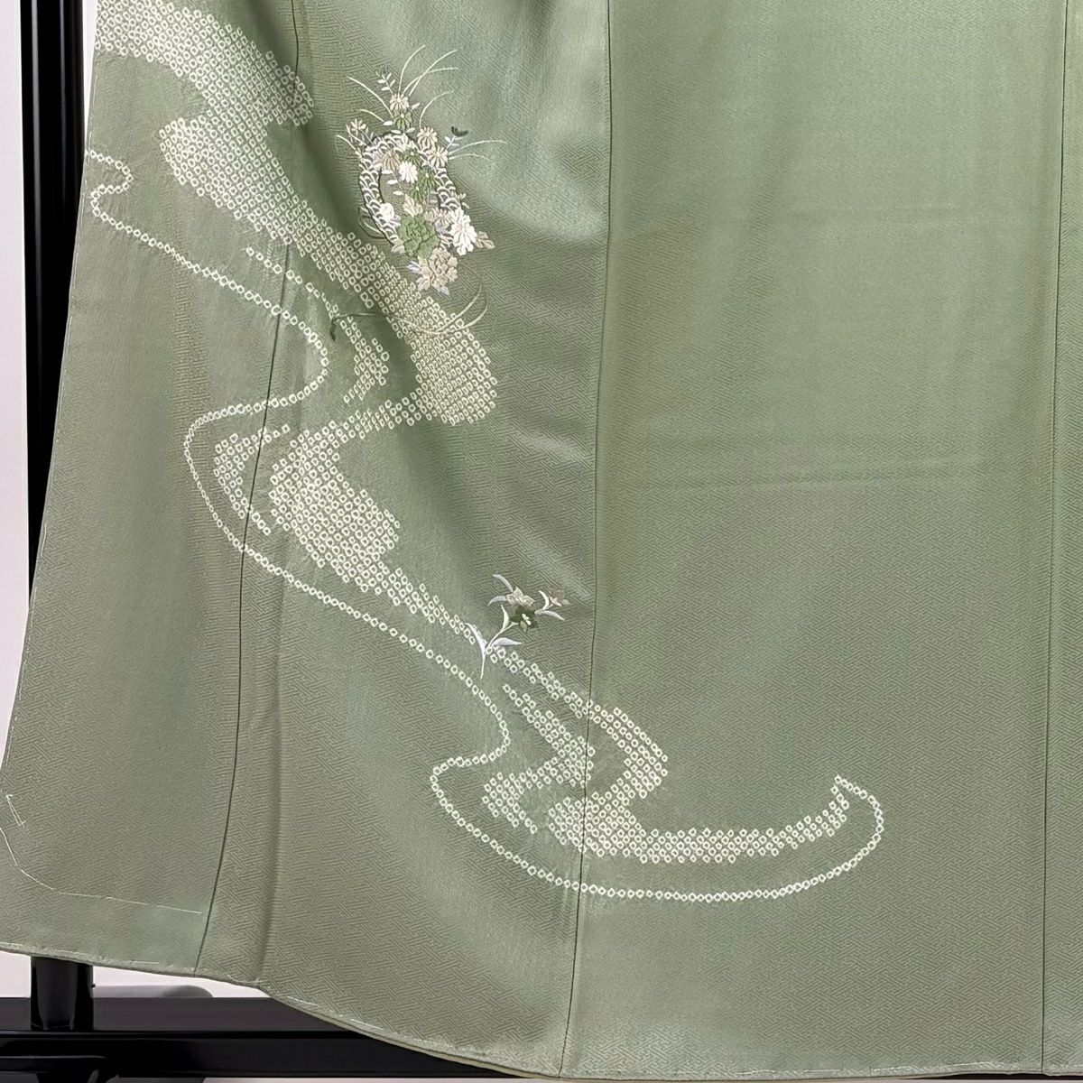 付下 身長156cm 袖長64cm M 雙層 鏡裏文 流水刺繡 絞染 淺綠 純蠶絲 秀品級 一個紋
