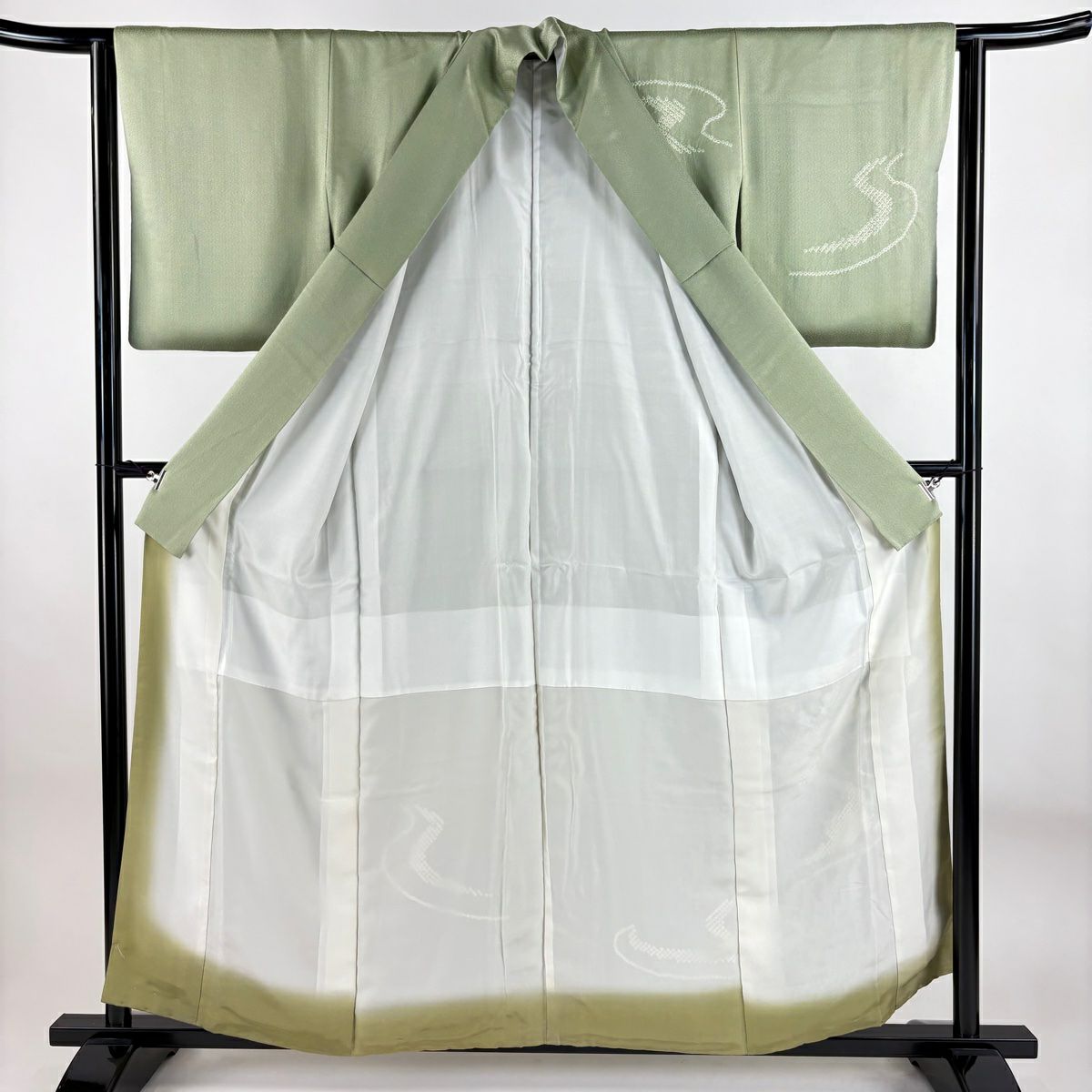 付下 身長156cm 袖長64cm M 雙層 鏡裏文 流水刺繡 絞染 淺綠 純蠶絲 秀品級 一個紋