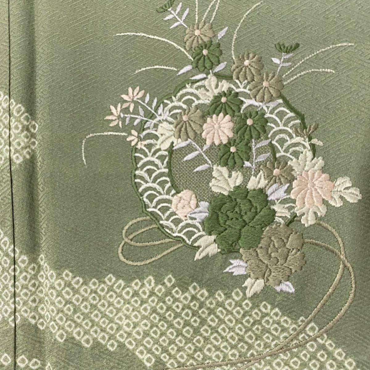 付下 身長156cm 袖長64cm M 雙層 鏡裏文 流水刺繡 絞染 淺綠 純蠶絲 秀品級 一個紋